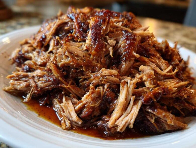 Close-up of a generous mound of saucy, shredded Slow Cooker Pulled Pork piled high on a white plate.