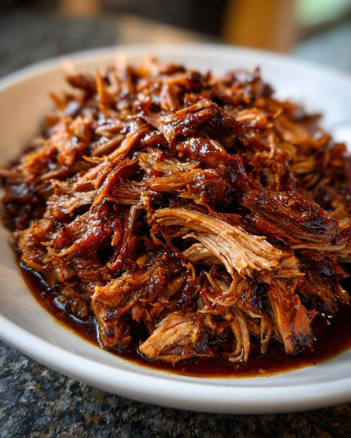 Close-up of shredded, saucy Slow Cooker Pulled Pork piled high in a white bowl.