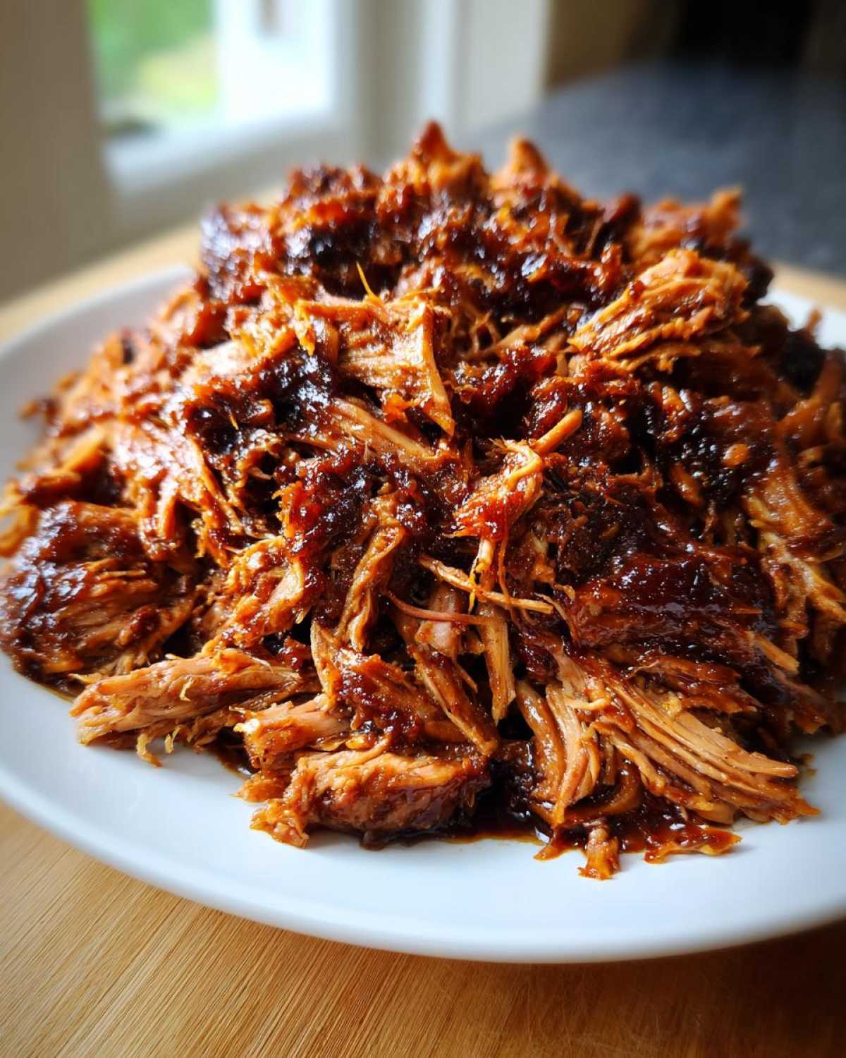 A mound of tender, shredded Slow Cooker Pulled Pork coated in rich, dark BBQ sauce on a white plate.