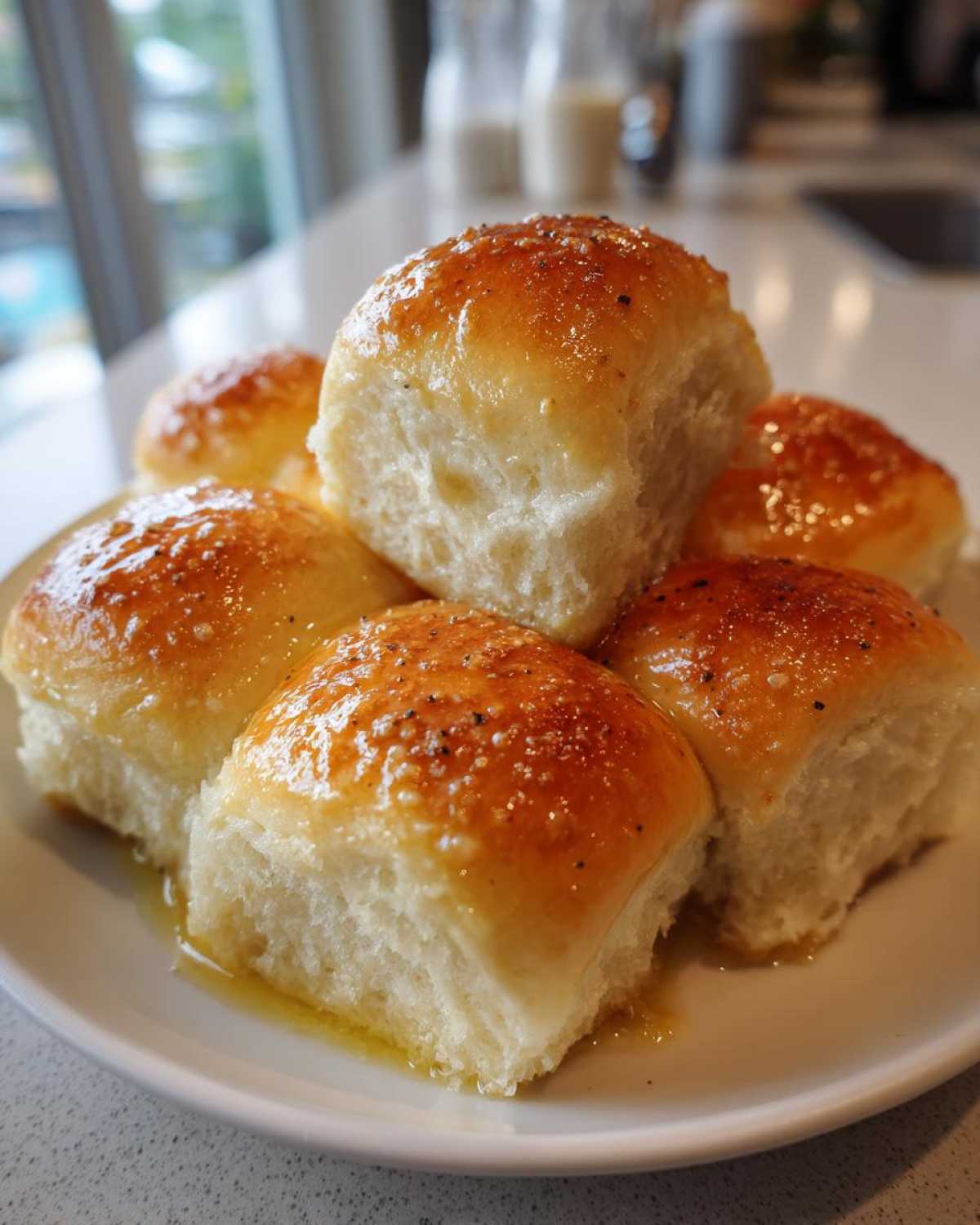 A stack of fluffy, golden-brown dinner rolls glistening with melted butter and sprinkled with pepper.