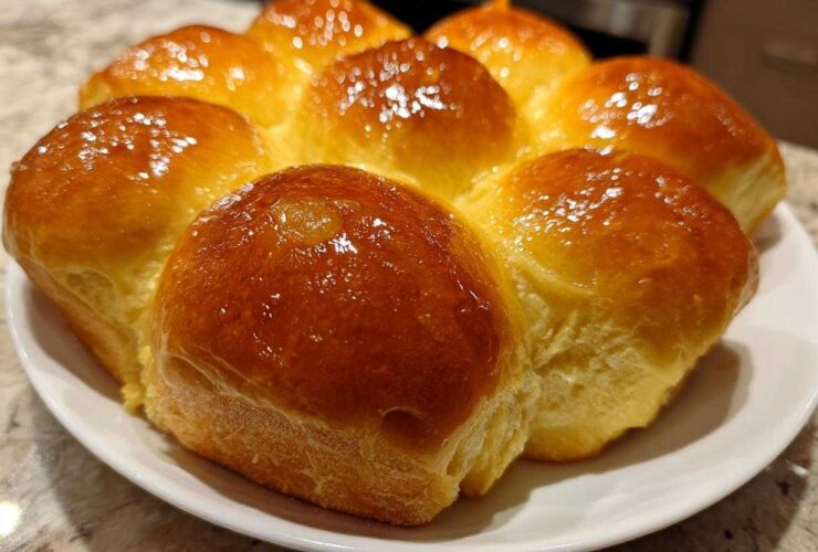 A cluster of freshly baked, golden brown dinner rolls with a shiny glaze arranged on a white plate.