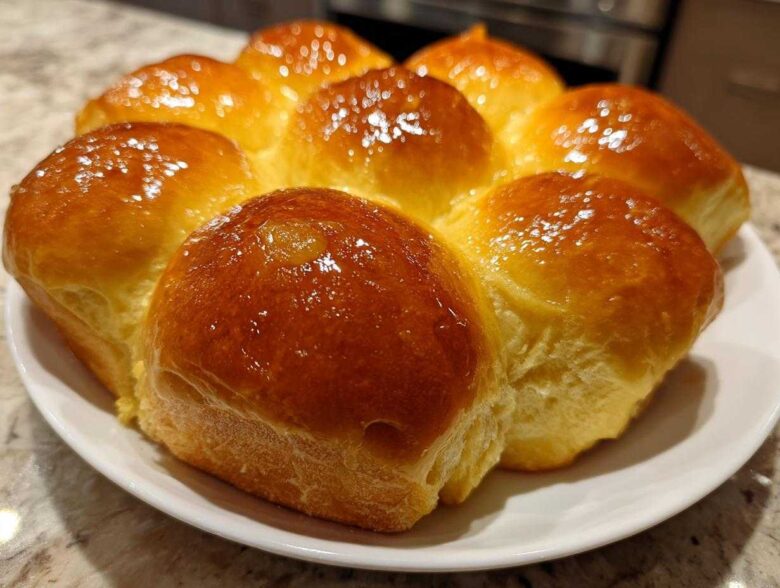 A cluster of freshly baked, golden brown dinner rolls with a shiny glaze arranged on a white plate.