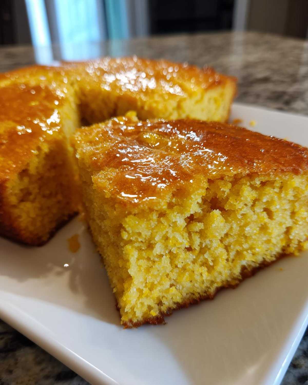 Close-up of a slice of bright yellow sourdough cornbread, glistening with a honey glaze, served on a white plate.