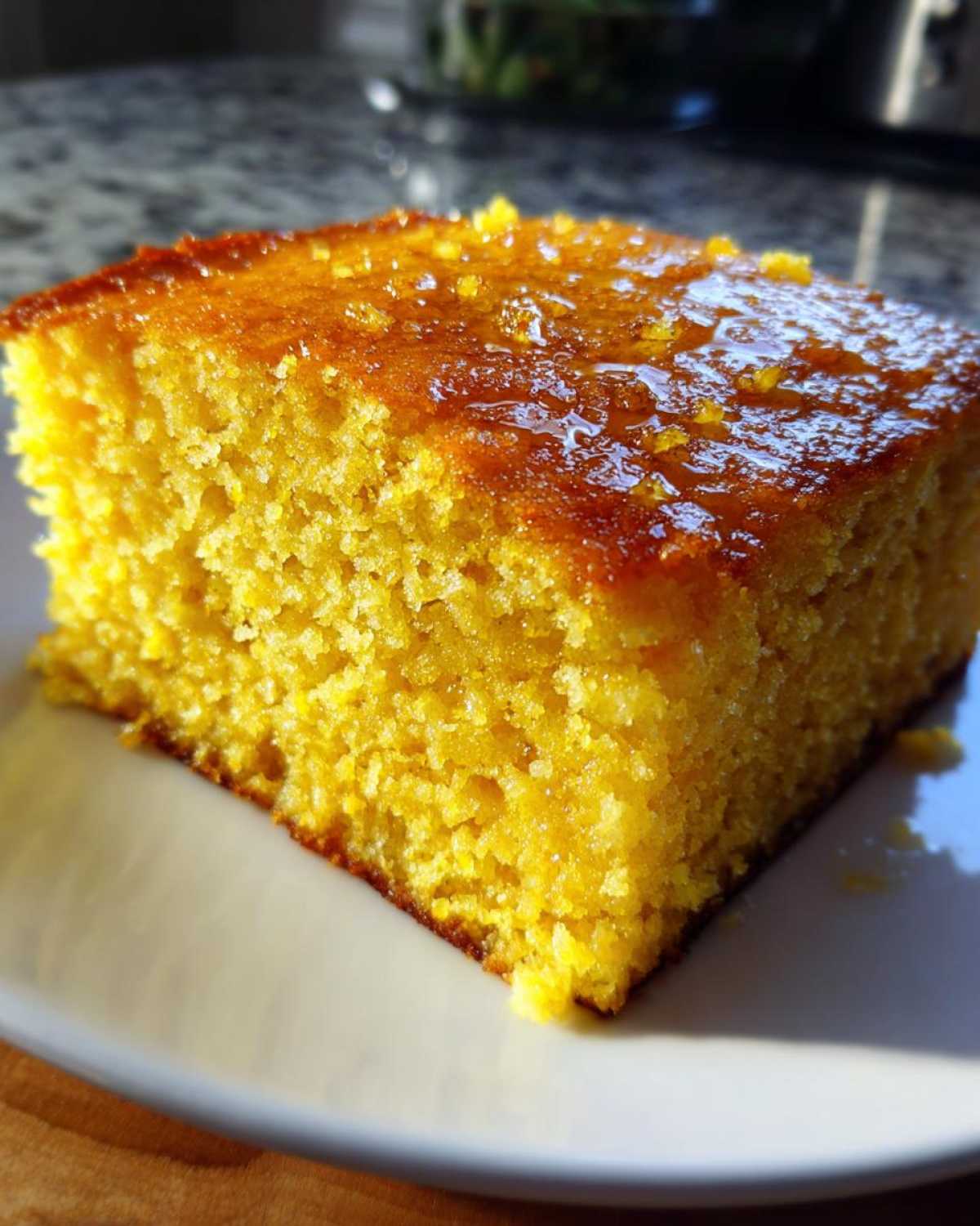 Close-up of a square slice of bright yellow sourdough cornbread topped with a shiny glaze.