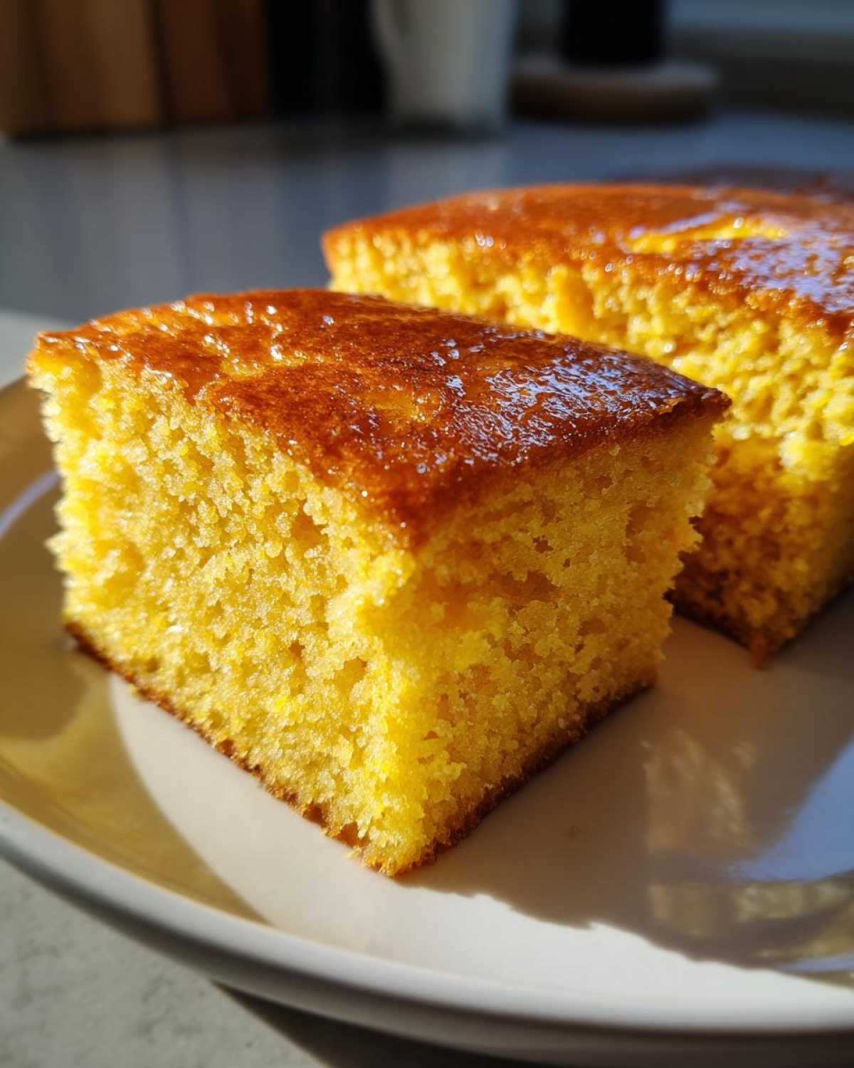 Close-up of a square slice of bright yellow sourdough cornbread with a shiny, glazed top, resting on a white plate.