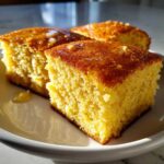 Three squares of moist, golden sourdough cornbread drizzled with honey on a white plate.