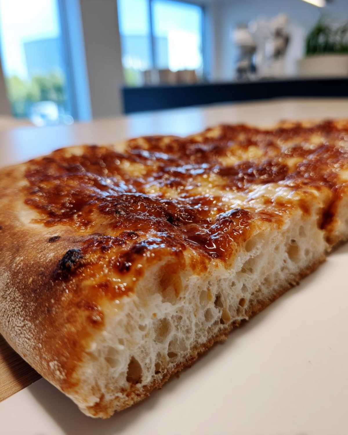 Close-up of a slice of pizza showing the airy, open crumb structure made from sourdough discard pizza dough.