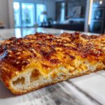 Close-up of thick sourdough discard pizza dough crust showing airy interior and caramelized topping.