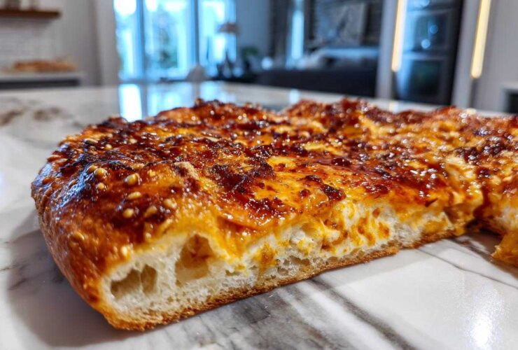 Close-up of thick sourdough discard pizza dough crust showing airy interior and caramelized topping.