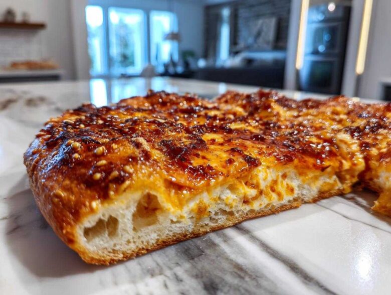 Close-up of thick sourdough discard pizza dough crust showing airy interior and caramelized topping.