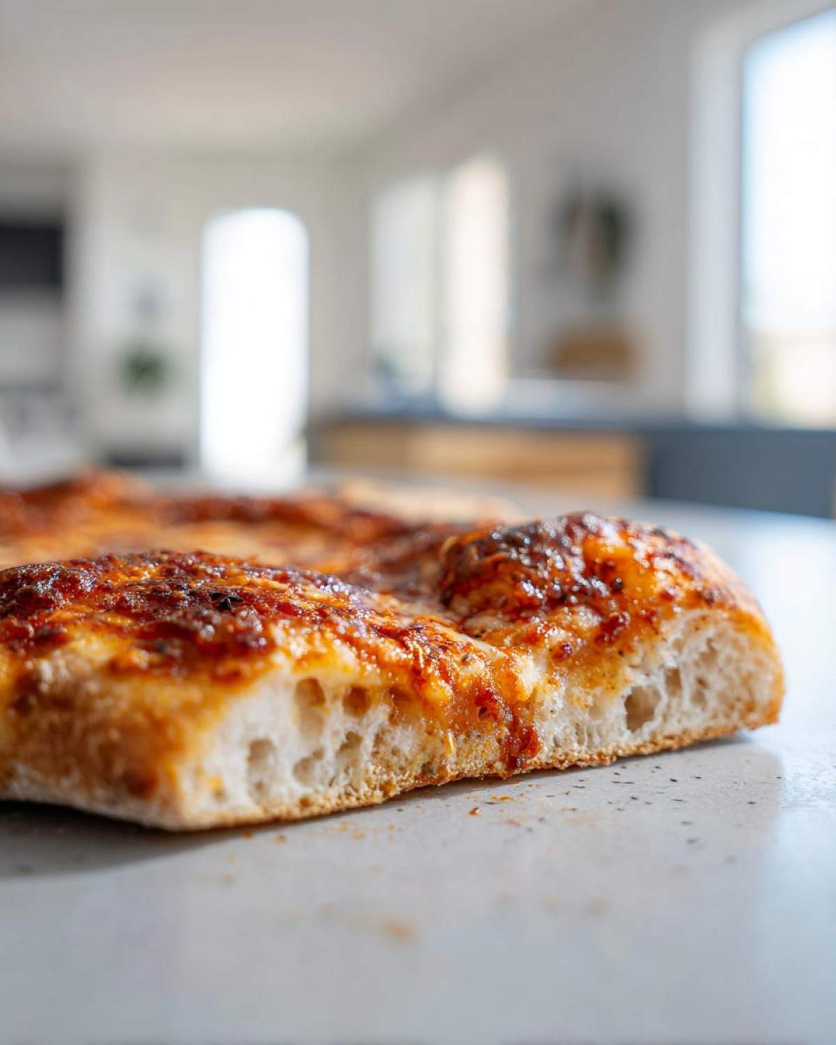 Close-up cross-section of a slice showing the airy crumb structure of sourdough discard pizza dough.