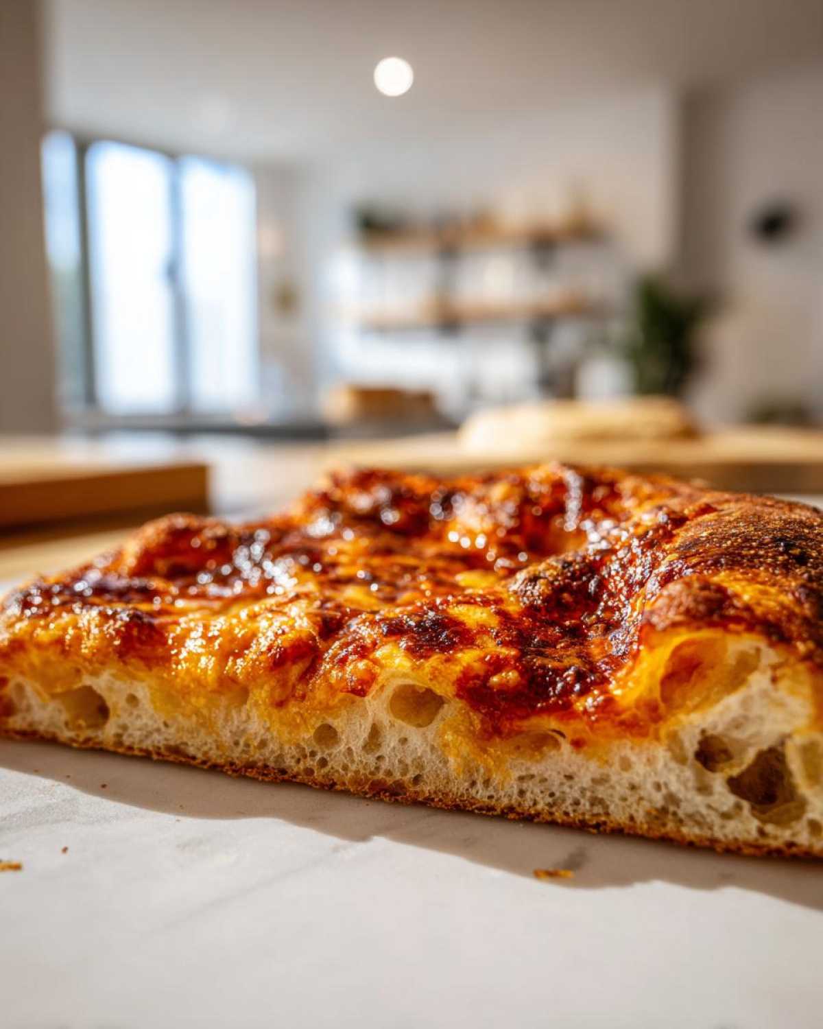 Close-up cross-section showing the airy crumb structure of a slice made with sourdough discard pizza dough.
