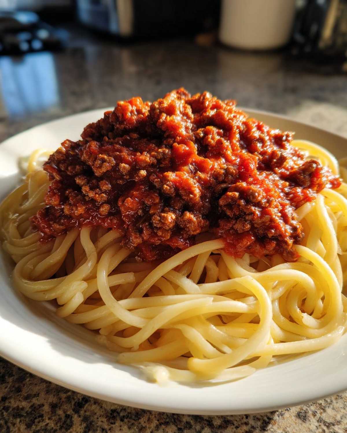 A close-up of cooked spaghetti topped generously with rich, meaty bolognese sauce, served on a white plate.