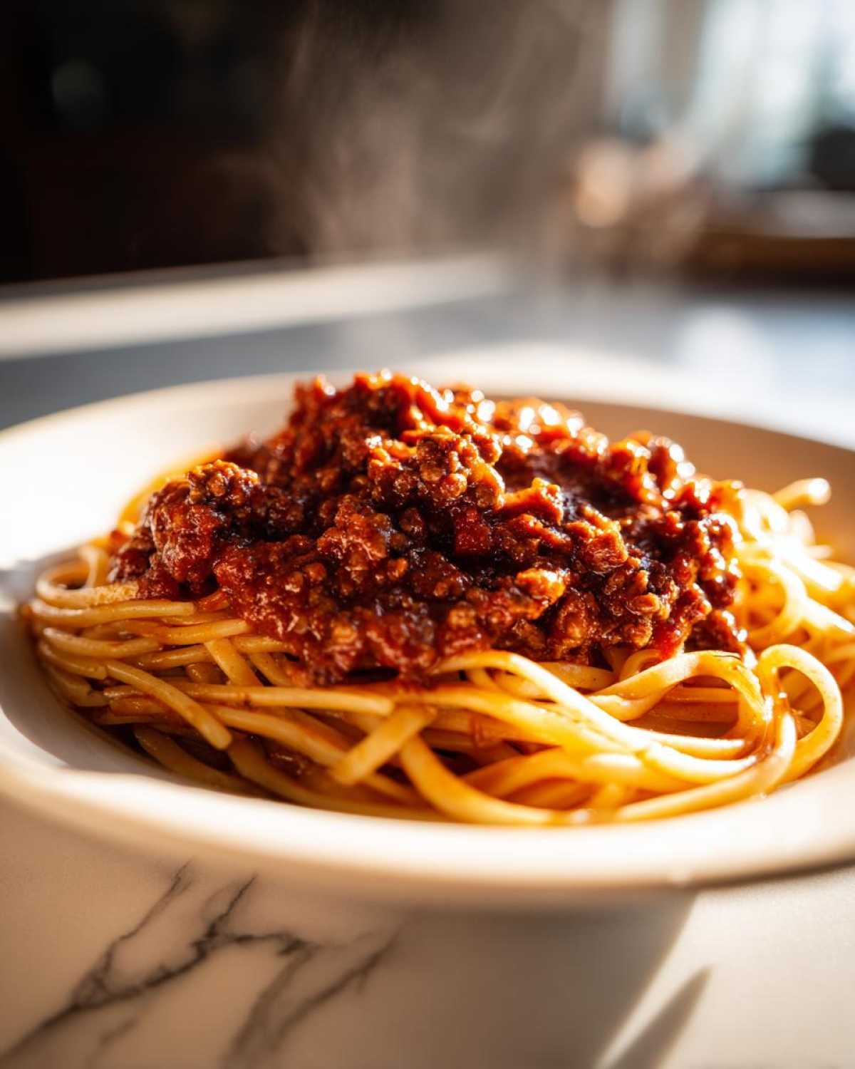 Close-up of hot spaghetti topped generously with rich, meaty bolognese sauce, steam rising.