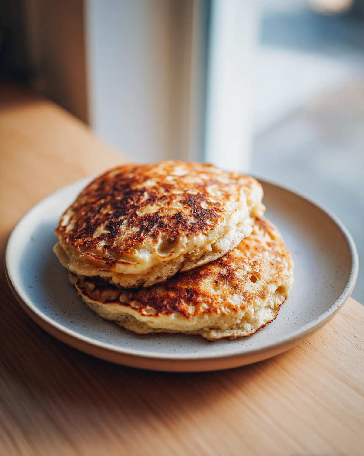 A stack of three fluffy almond flour pancakes with golden brown, slightly charred edges on a speckled plate.