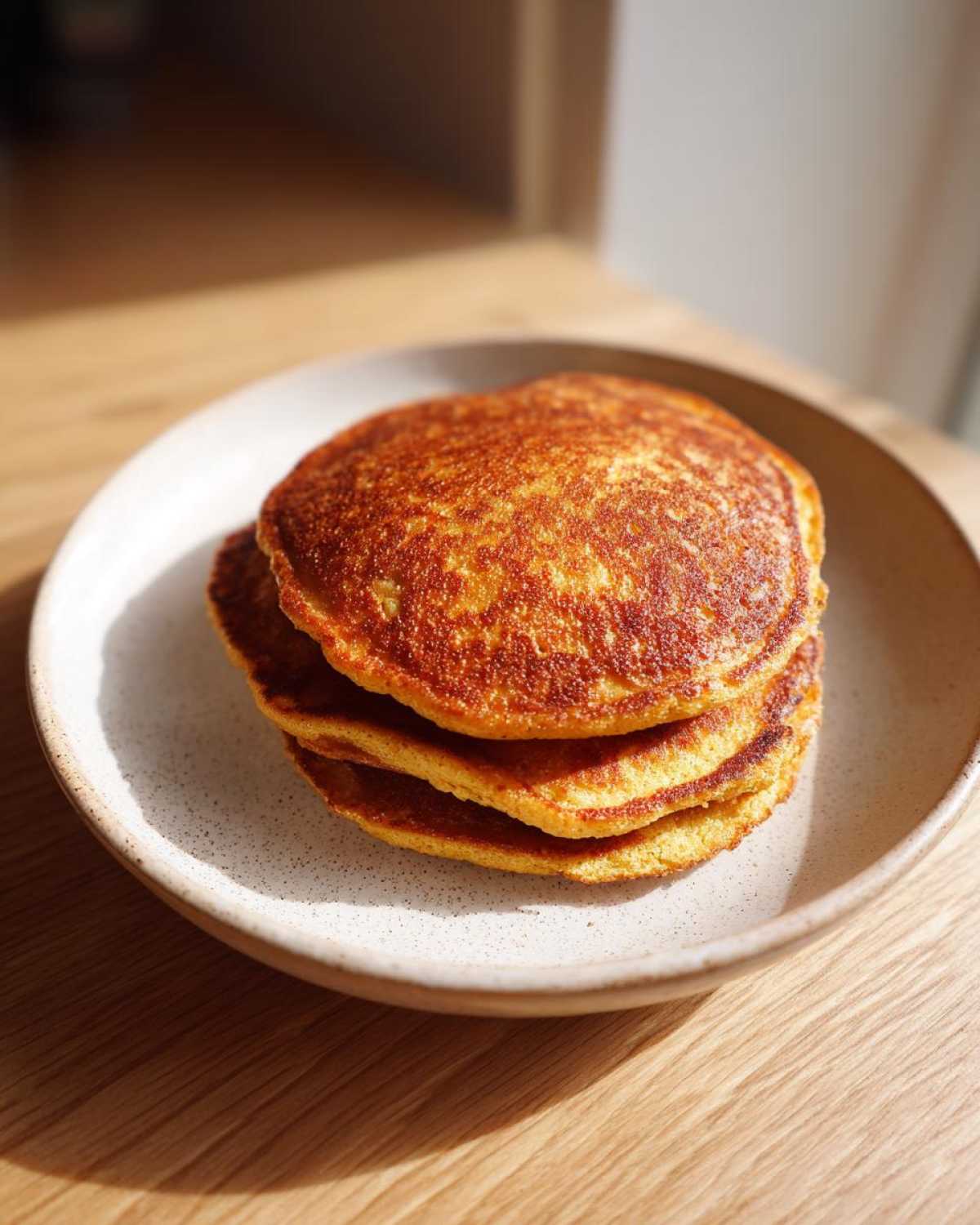 A stack of three golden-brown almond flour pancakes served on a speckled ceramic plate.