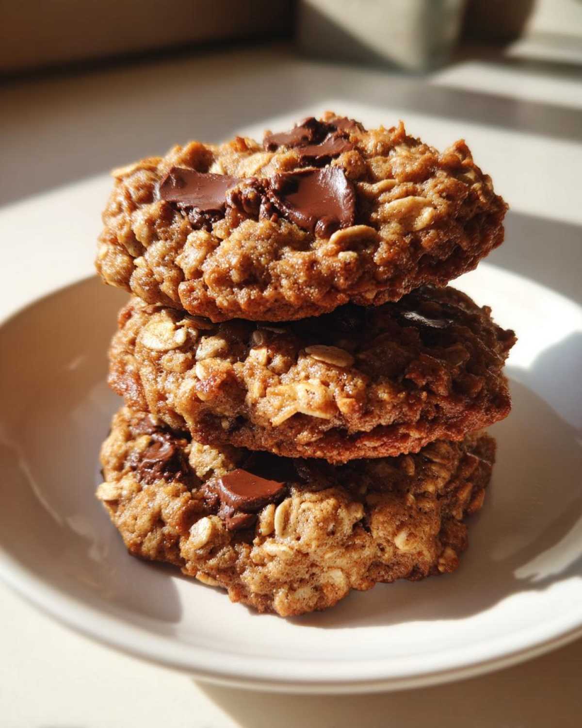 A stack of three chewy chocolate chip oatmeal cookie resting on a white plate, illuminated by bright sunlight.