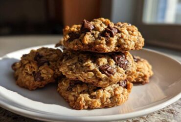 A stack of four golden brown, chewy oatmeal cookie loaded with melted chocolate chips, sitting on a white plate.