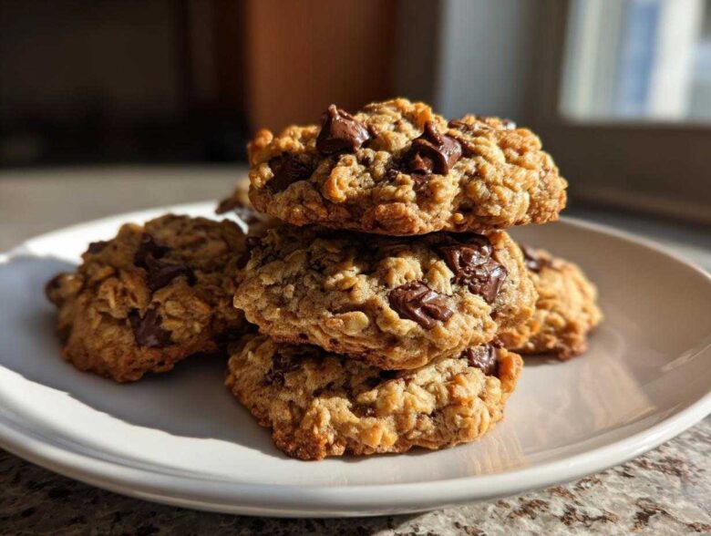 A stack of four golden brown, chewy oatmeal cookie loaded with melted chocolate chips, sitting on a white plate.