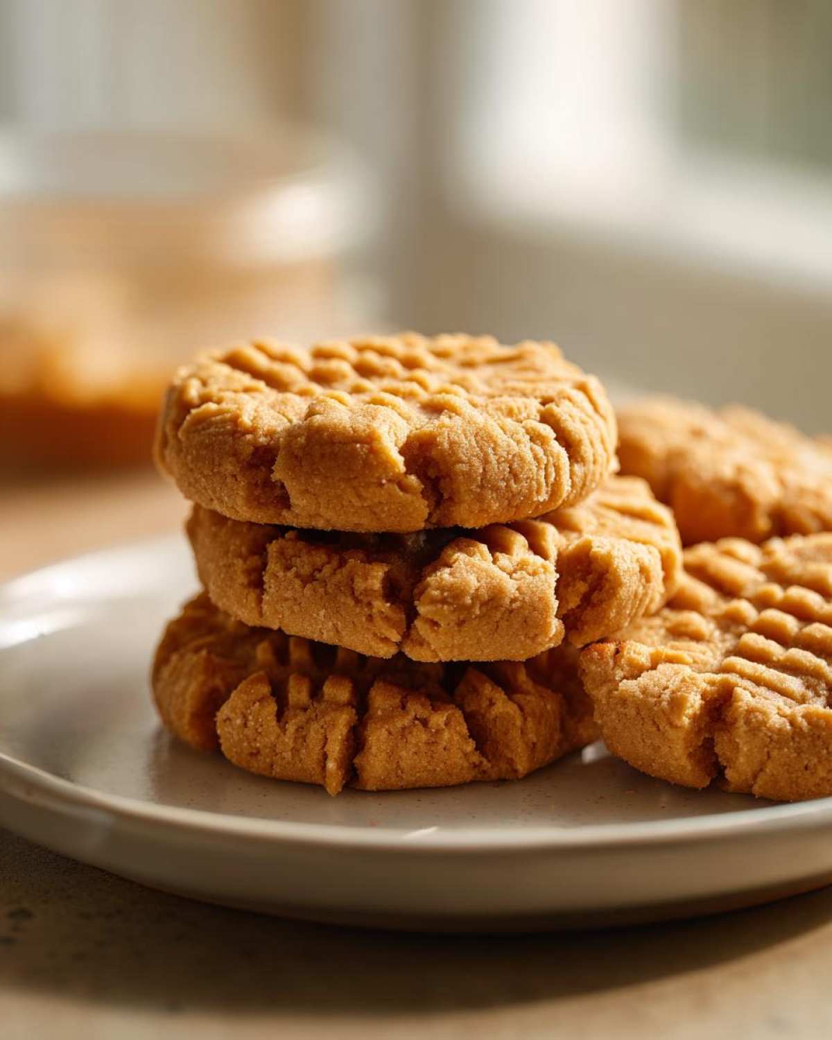 A close-up stack of three classic peanut butter cookies showing the traditional crosshatch fork marks.