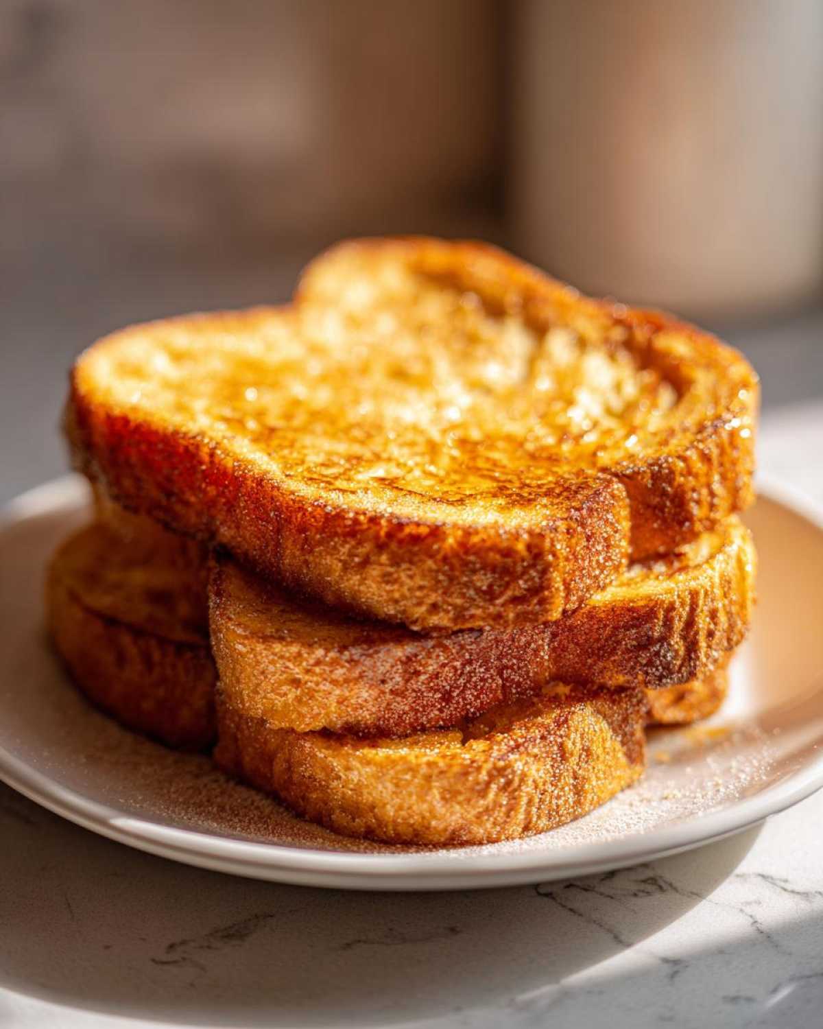 A stack of four slices of golden brown easy french toast drizzled with syrup on a white plate.