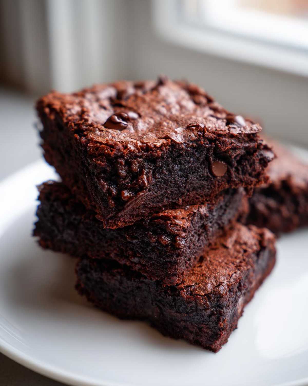 A stack of three rich, dark, fudgy black bean brownies topped with melted chocolate chips on a white plate.