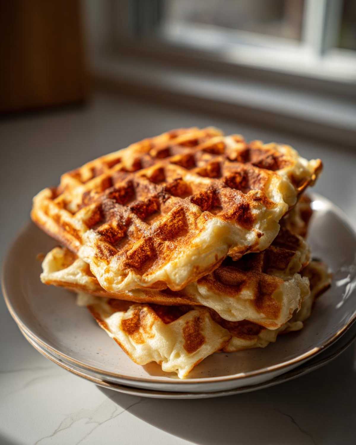A stack of three golden-brown, fluffy high protein waffles resting on a light-colored plate near a window.