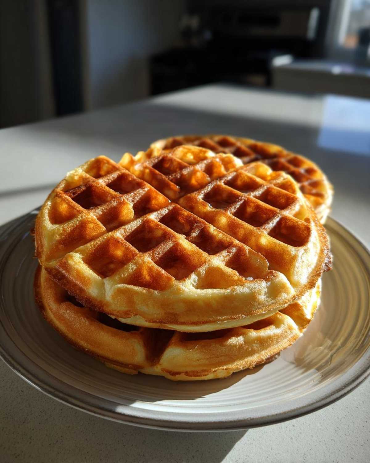 A stack of two golden brown, fluffy high protein waffles resting on a light gray plate.