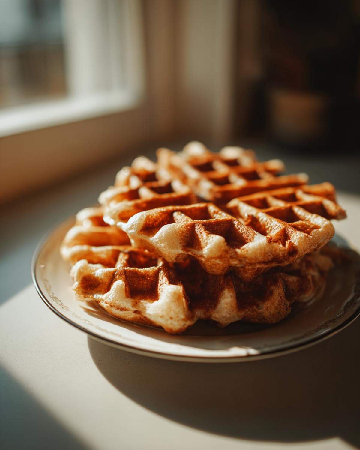 A stack of freshly made, golden brown high protein waffles piled on a small plate near a window.