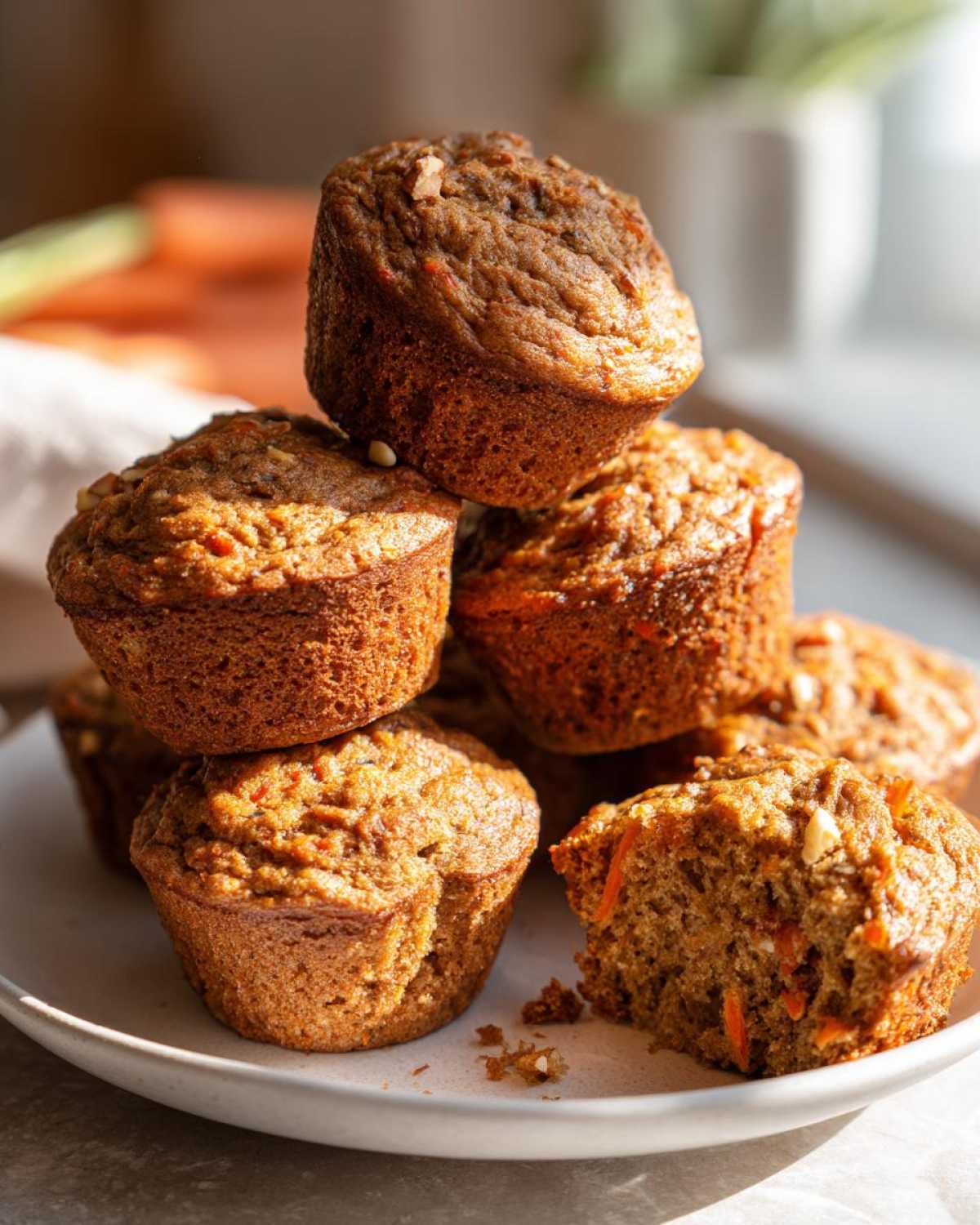 A stack of freshly baked morning glory muffins, one with a bite taken out showing shredded carrots and nuts.