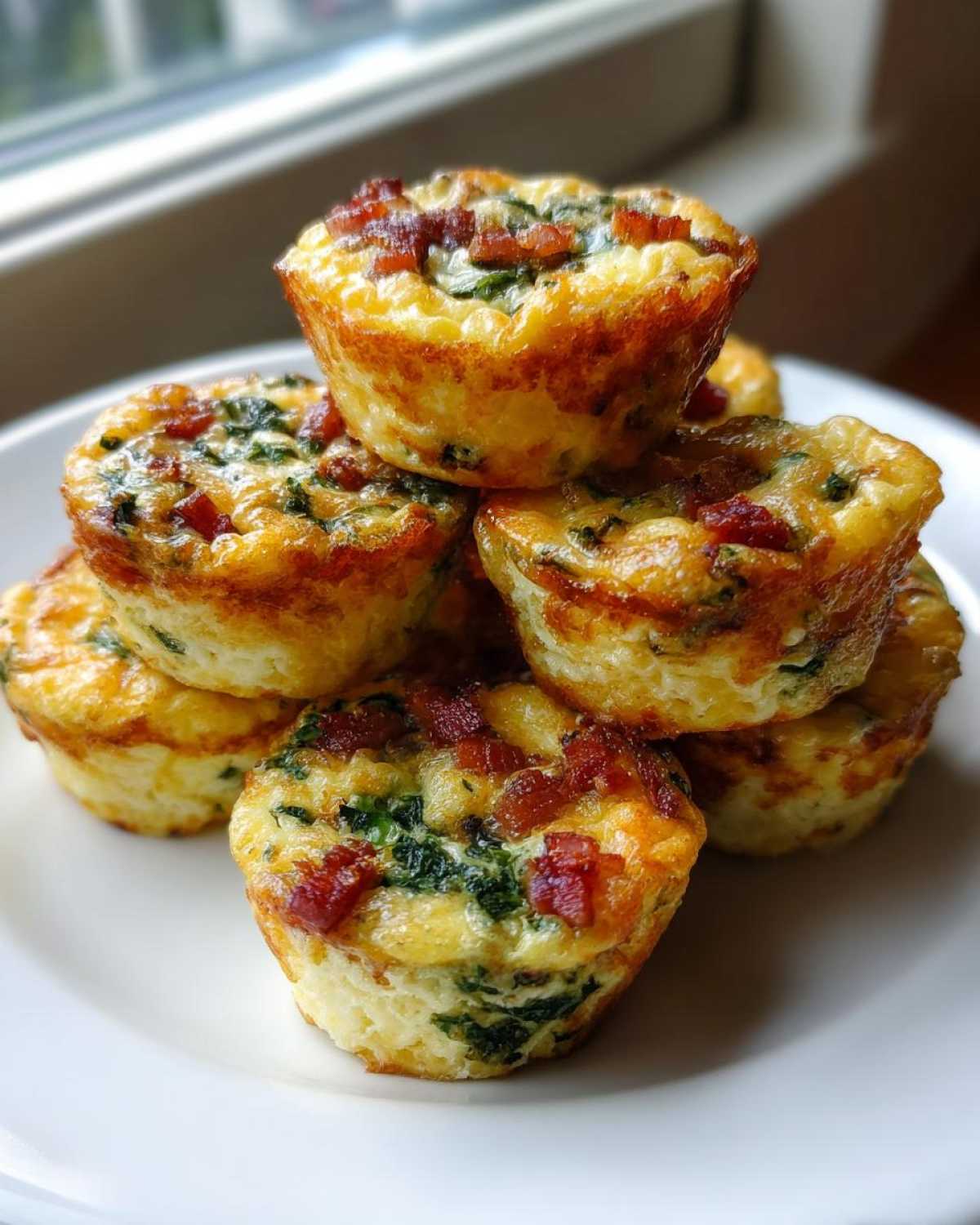 A stack of golden-brown, freshly baked egg bites mixed with spinach and bacon pieces.
