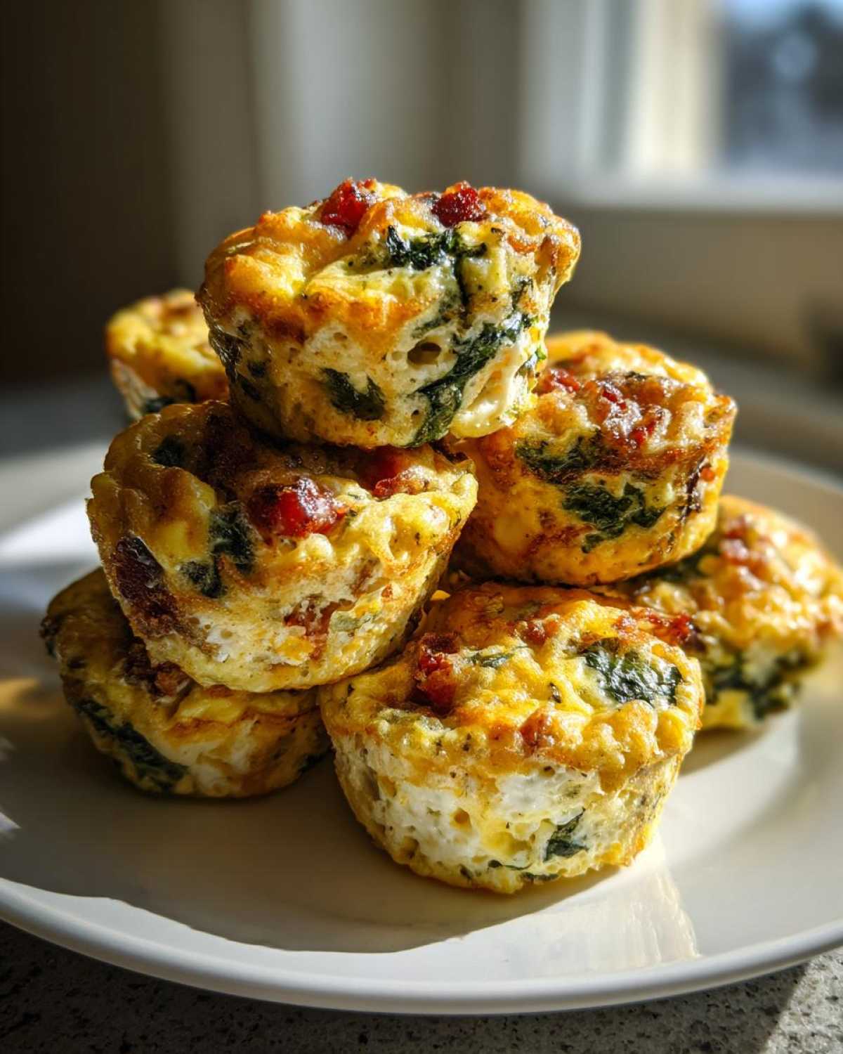 A stack of six golden brown, fluffy egg bites mixed with spinach and bits of red ingredients, served on a white plate.