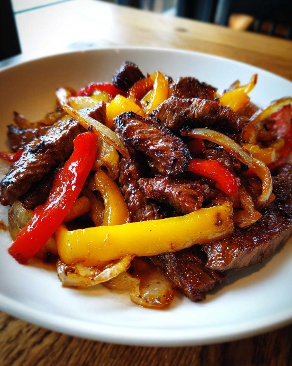 A close-up shot of perfectly cooked steak fajitas featuring caramelized strips of steak mixed with vibrant red and yellow bell peppers and onions.