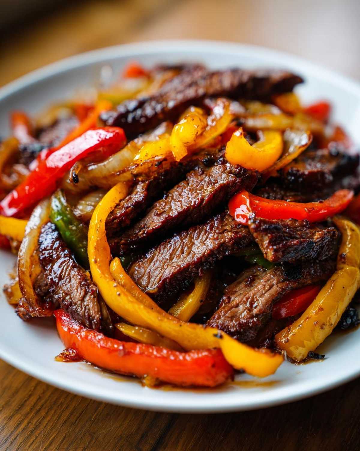 Close-up of perfectly cooked steak fajitas strips mixed with colorful sautéed bell peppers and onions on a white plate.