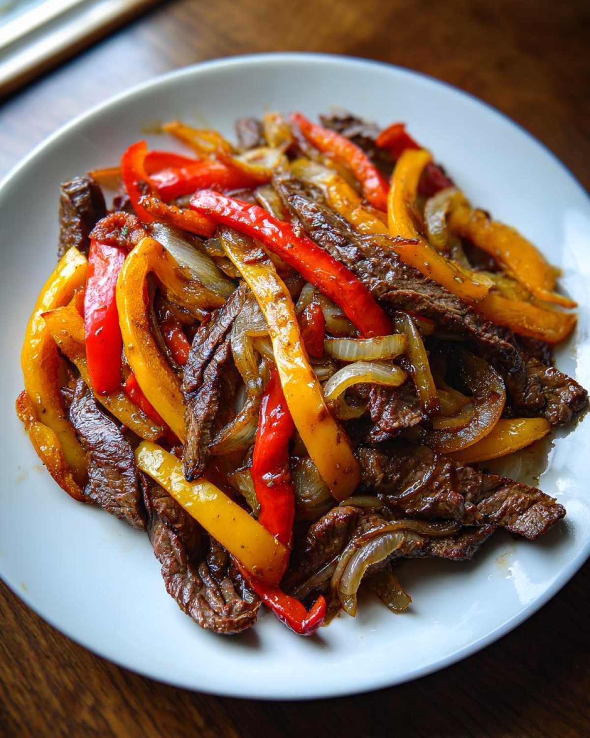 Close-up of sizzling steak fajitas featuring strips of seared beef mixed with sautéed red and yellow bell peppers and onions.