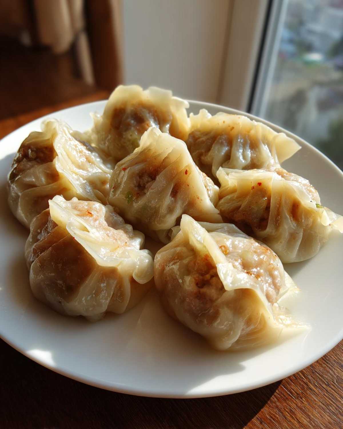 A plate of six freshly steamed Traditional Chinese Dumplings with visible savory filling, lit by natural sunlight.