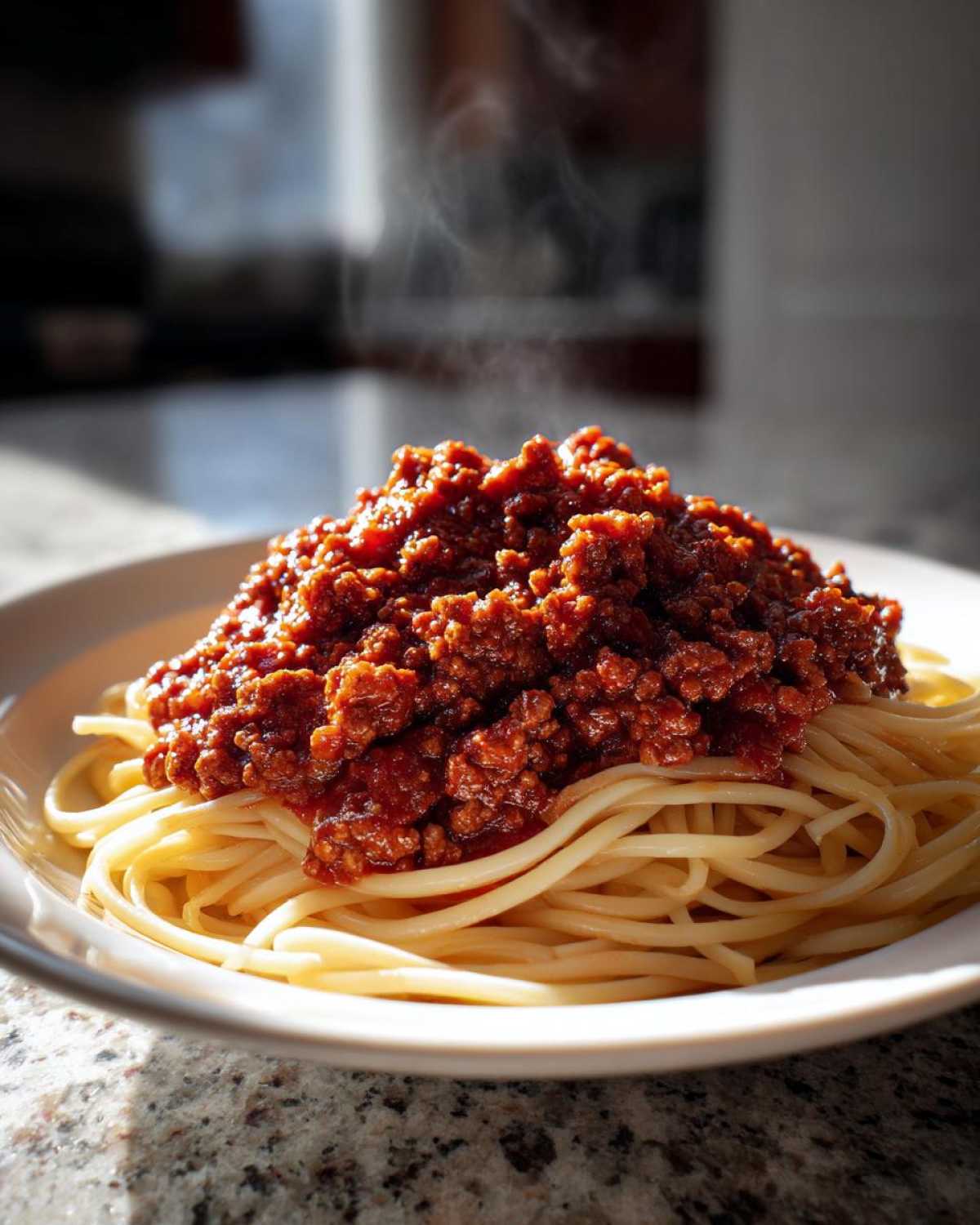 A close-up of steaming hot spaghetti topped generously with rich bolognese sauce on a white plate.