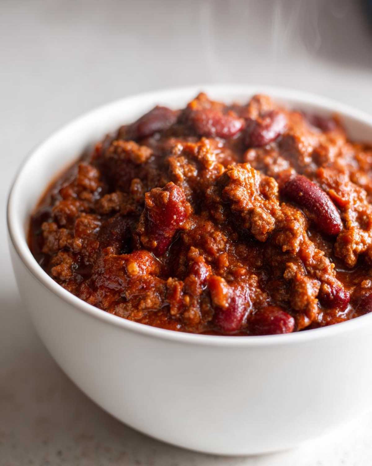 Close-up of a steaming white bowl filled with rich, thick crockpot chili featuring ground meat and dark red kidney beans.