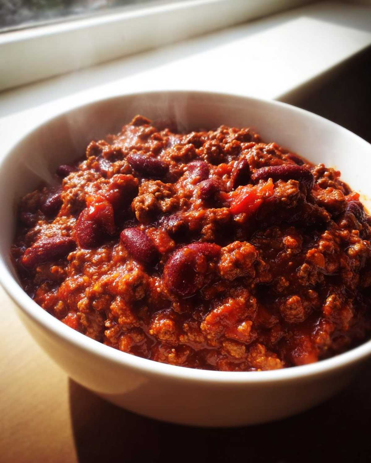 Close-up of a steaming white bowl filled with rich, red crockpot chili featuring ground meat and kidney beans.
