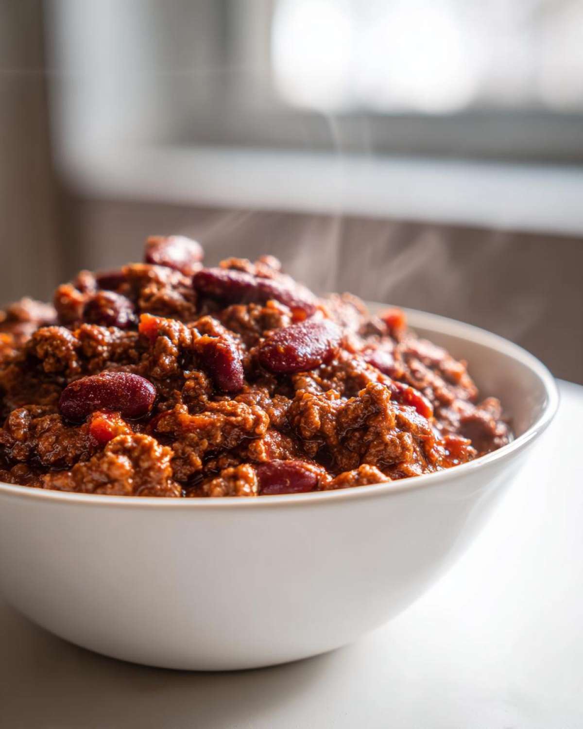 Close-up of a white bowl filled with steaming, rich crockpot chili featuring ground meat and kidney beans.