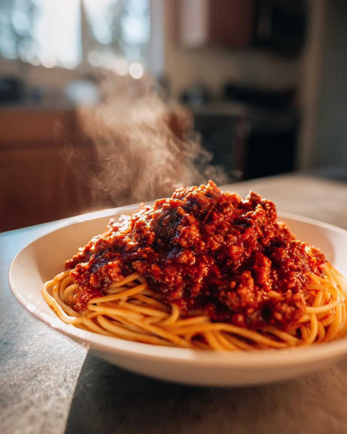 A close-up of a white bowl filled with spaghetti topped generously with rich, steaming bolognese sauce.