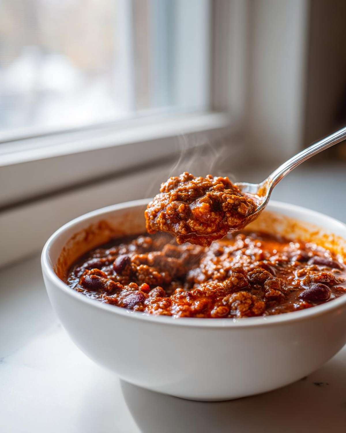 A spoonful of steaming, rich chili is lifted from a white bowl, showcasing the best chili recipe.