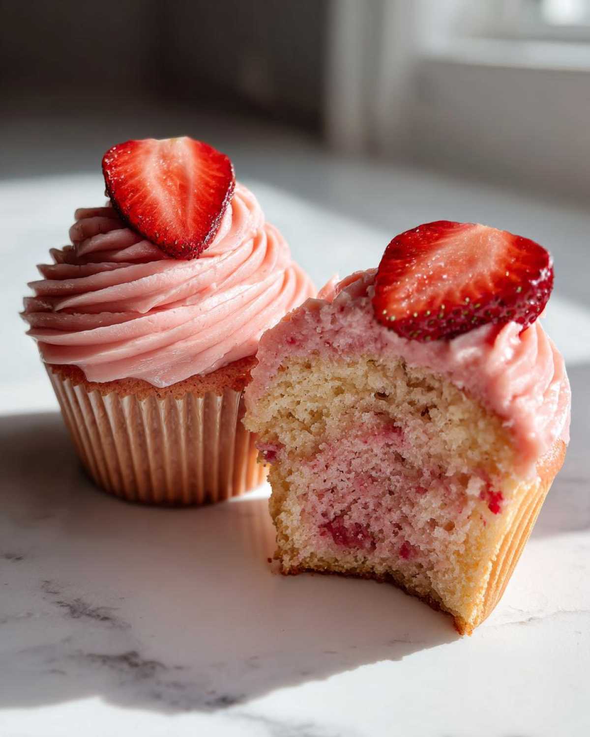 Two strawberry cupcakes, one whole and one bitten, featuring pink frosting and fresh strawberry slices on top.