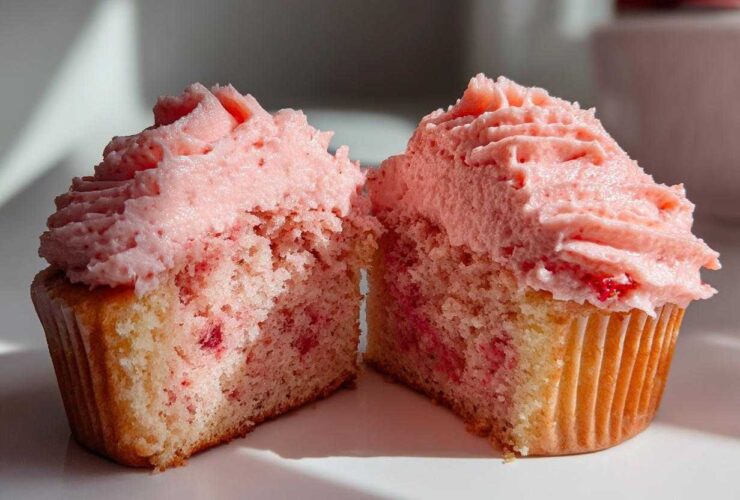 A strawberry cupcake cut in half showing the moist crumb with strawberry pieces and pink frosting.