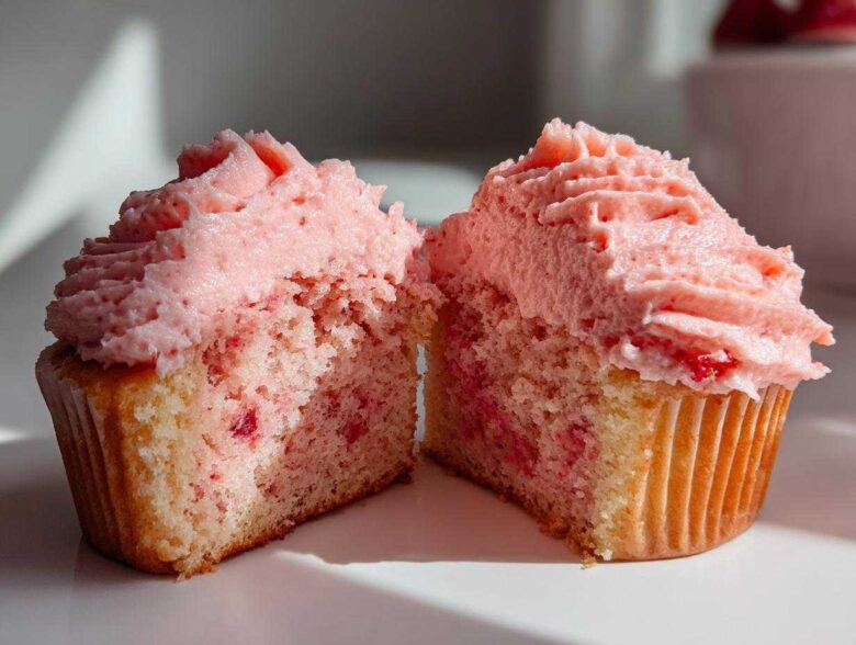 A strawberry cupcake cut in half showing the moist crumb with strawberry pieces and pink frosting.