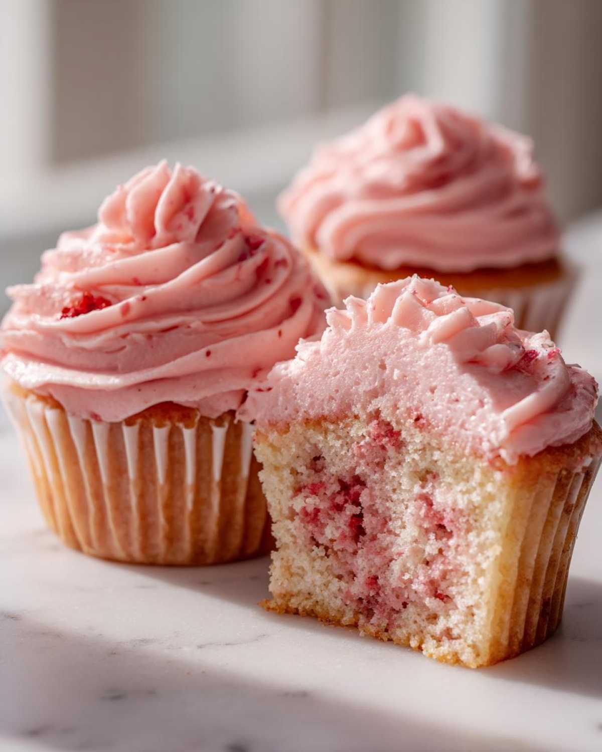 A close-up of three strawberry cupcakes, one cut in half showing the pink, berry-flecked interior and swirl of pink frosting.