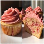 A split image showing a whole strawberry cupcake and a cross-section of a strawberry cupcake with pink frosting.