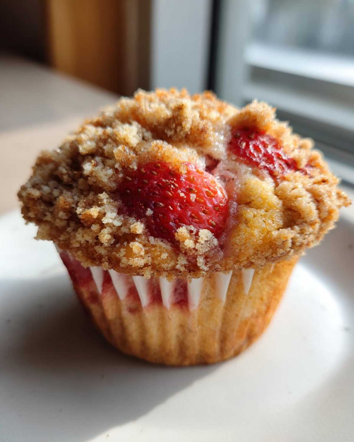 A single, delicious strawberry muffins topped with a generous layer of brown sugar crumb topping, sitting on a white plate.