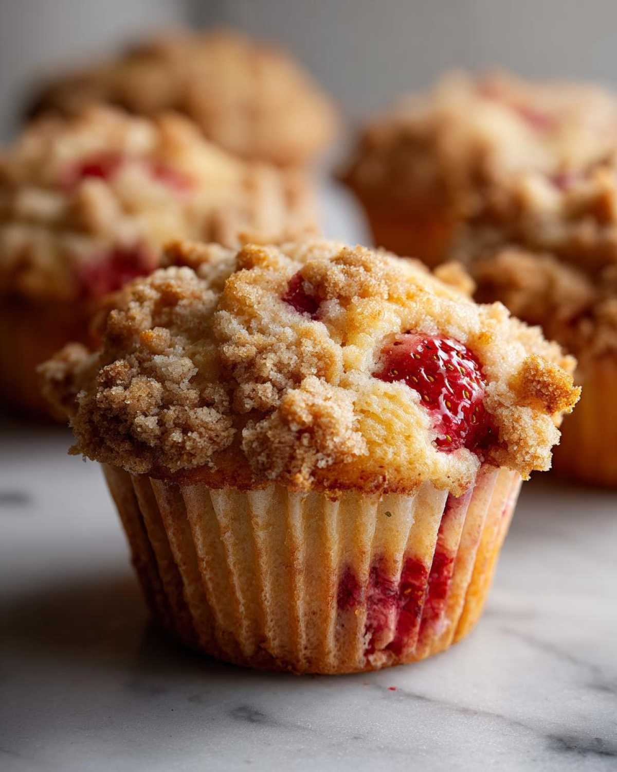A close-up of a freshly baked strawberry muffin featuring a generous brown sugar crumb topping and visible strawberry pieces.