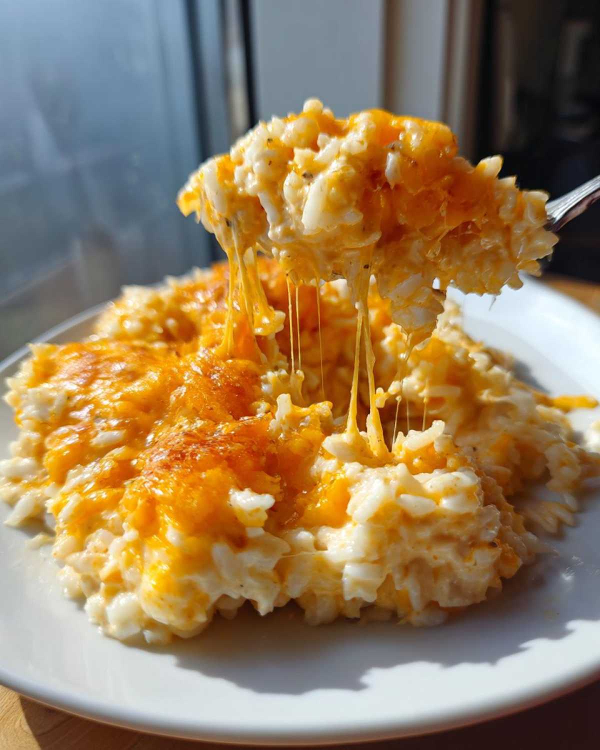 A fork lifts a portion of creamy, baked cheesy rice, showing long, satisfying cheese pulls.